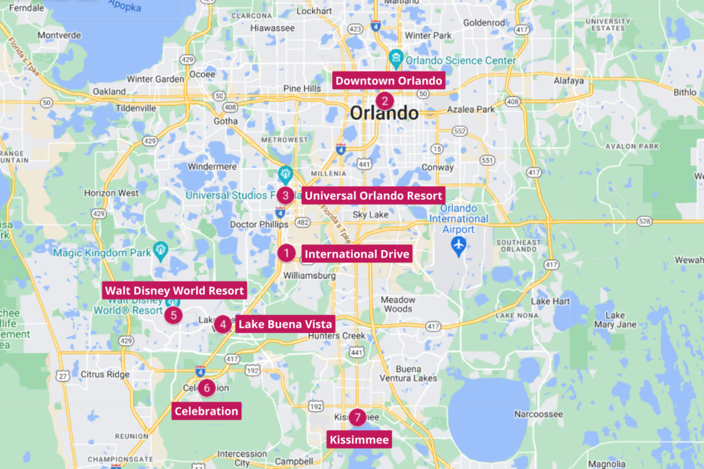 Mapa com as regiões de Orlando em destaque.