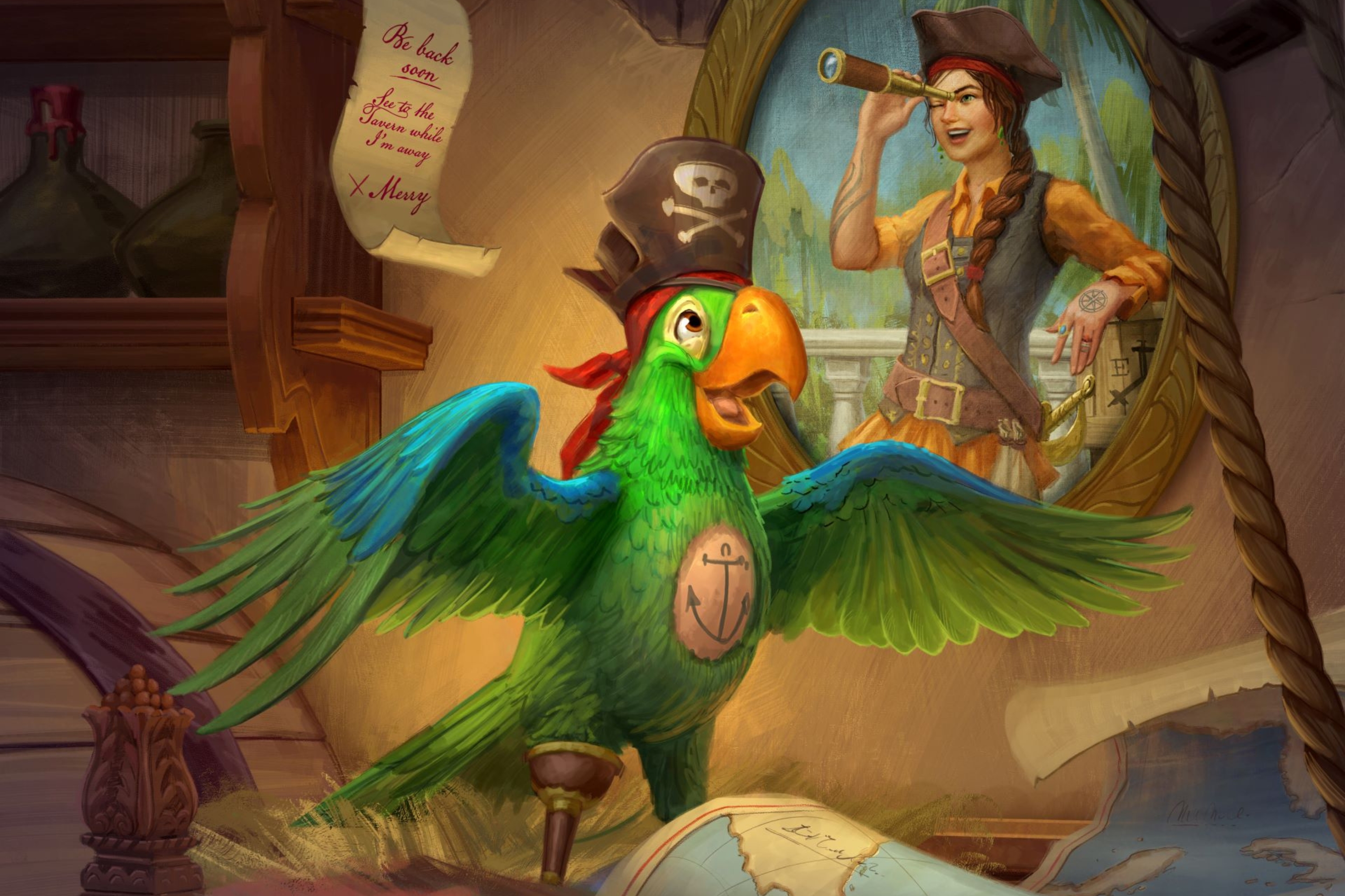 Capitã "Merry" e seu fiel escudeiro falante Rummy dão vida ao Beak and Barrel