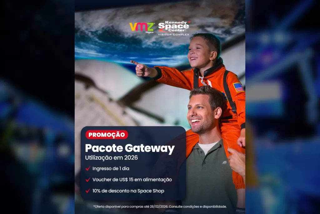 Confira o Pacote Gateway para visitas em 2026 ao Kennedy Space Center Visitor Complex; garanta o ingresso com a VMZ Viagens.