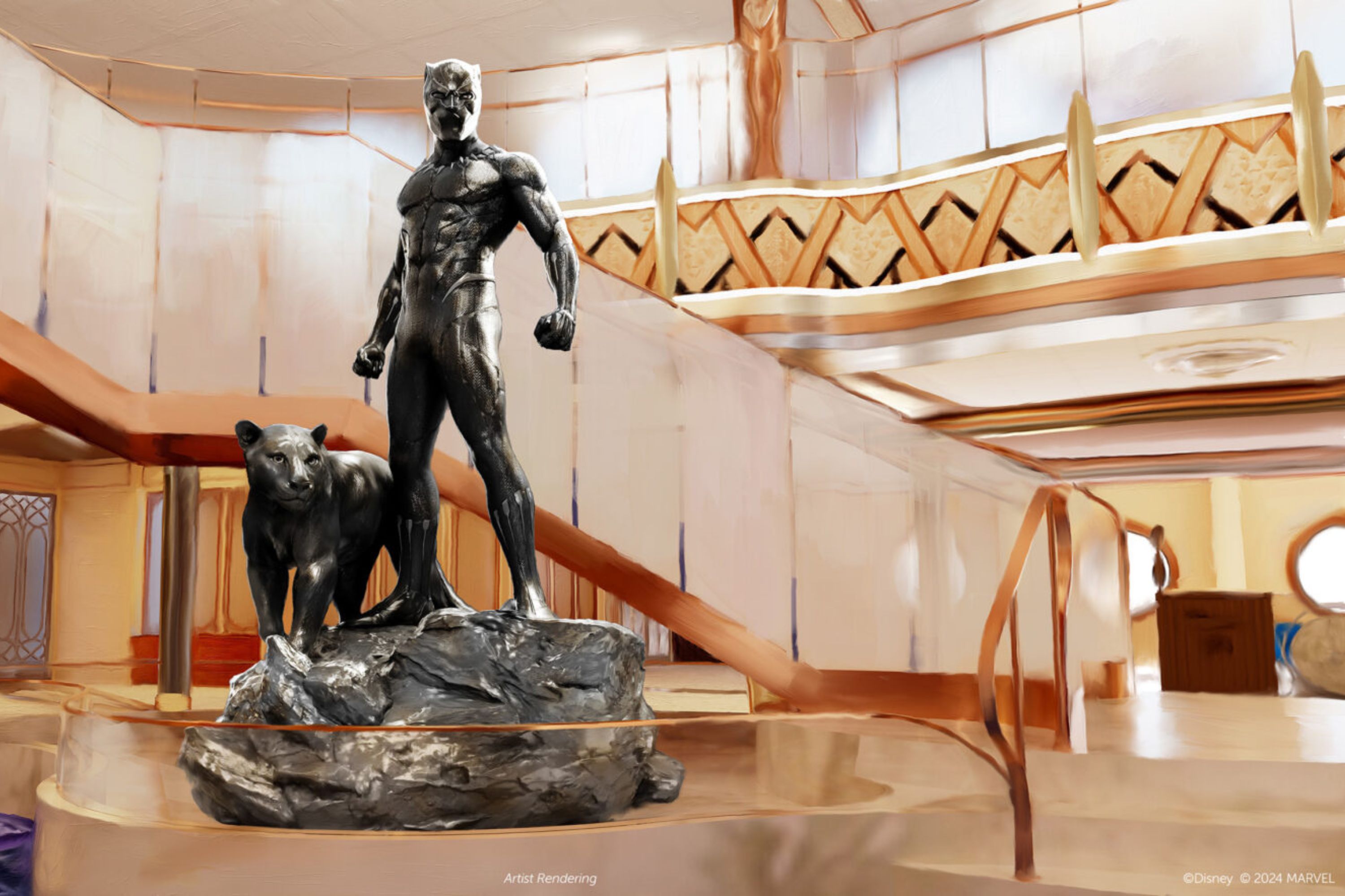 O Gran Hall do Disney Destiny terá uma grande estátua do Pantera Negra recepcionando os hóspedes.