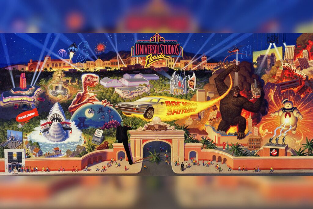 Arte com as atrações do Universal Studios Florida para abertura em 1990.