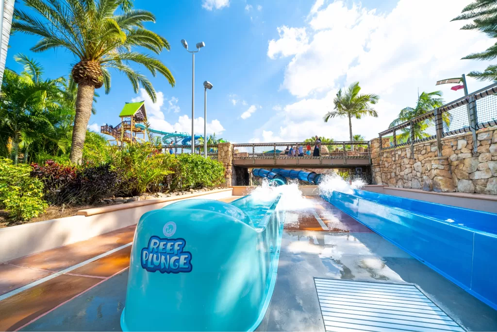 Uma das atrações mais famosas do Aquatica Orlando, o Reef Plunge leva você para dentro de um aquário.