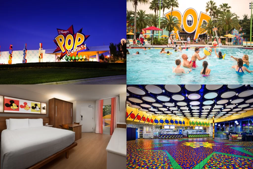 O Disney's Pop Century é um dos hotéis econoômicos do complexo Disney e tem uma temática de viagem no tempo.
