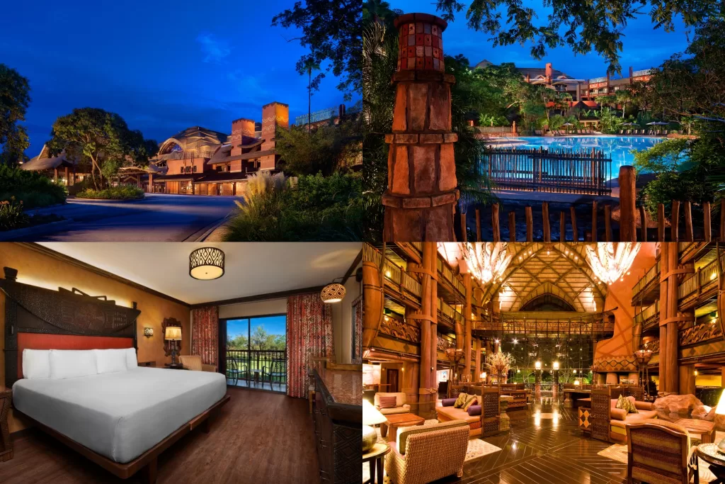 Com inspiração africana, o Disney’s Animal Kingdom Lodge está localizado em meio a uma savana que abriga mais de 200 espécies de aves e animais. 