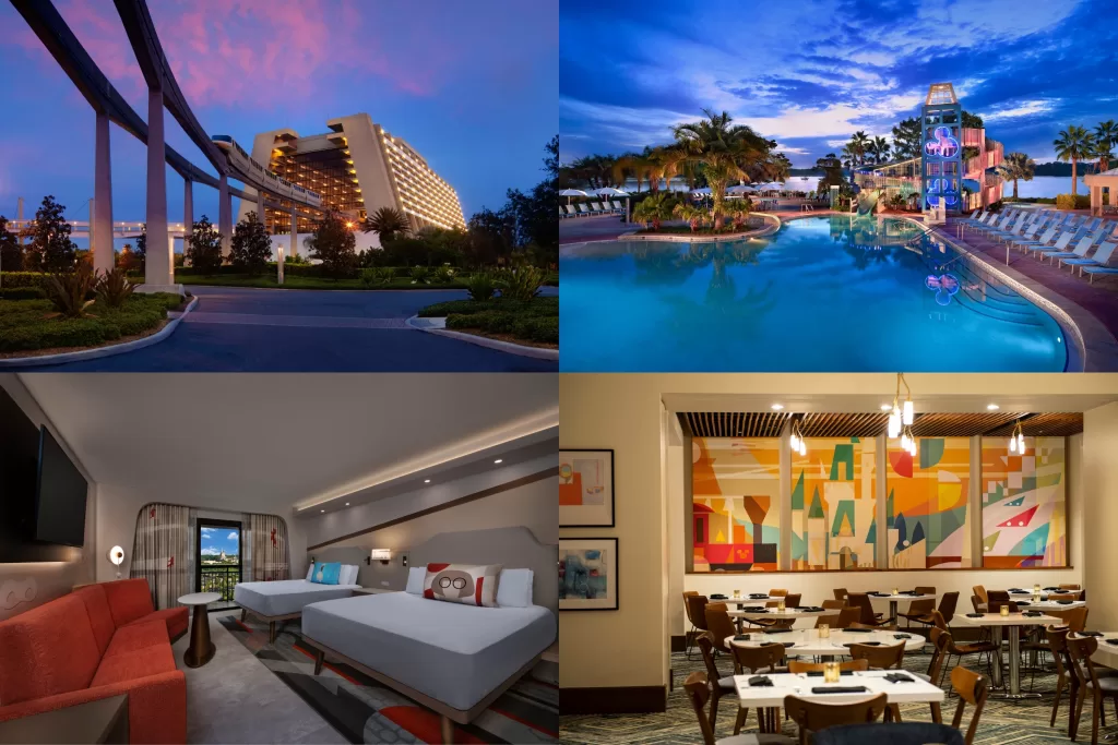 O Disney’s Contemporary Resort se destaca pelo design moderno e futurista, sendo esse um dos hotéis mais icônicos da Disney. 