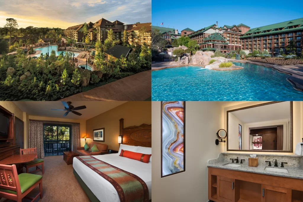 O Disney’s Wilderness Lodge tem um charme rústico inspirado nos grandes hotéis dos parques nacionais dos EUA, com muita madeira, pedra e uma aparência que contrasta com os outros os outros resorts do complexo. 