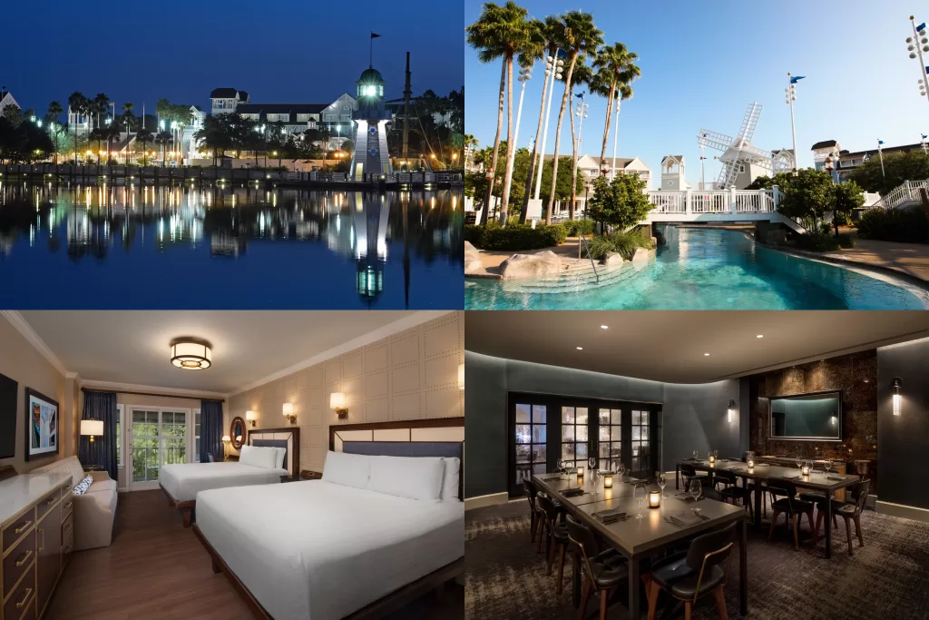 O Disney’s Yacht Club Resort é um hotel com tema náutico inspirado nos clubes de iates da Nova Inglaterra, oferecendo uma atmosfera elegante e clássica. 