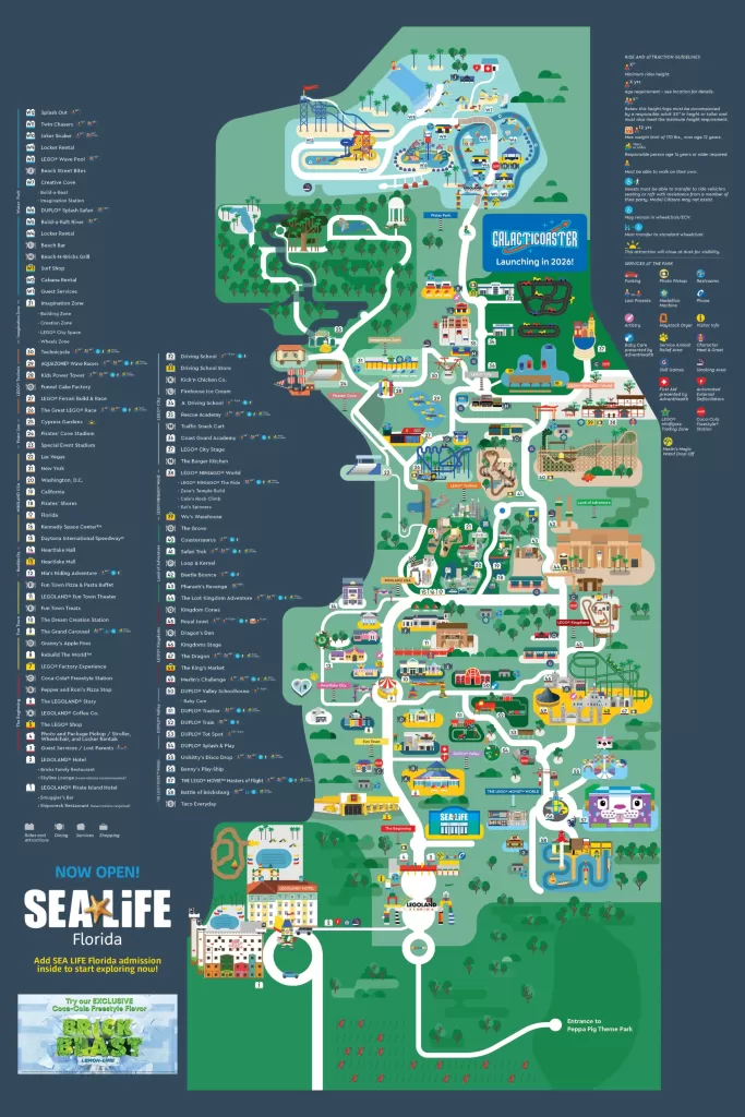 O LEGOLAND Florida conta com 13 áreas temáticas e mais de 50 atrações espalhadas em quase 60 hectares (150 acres). 