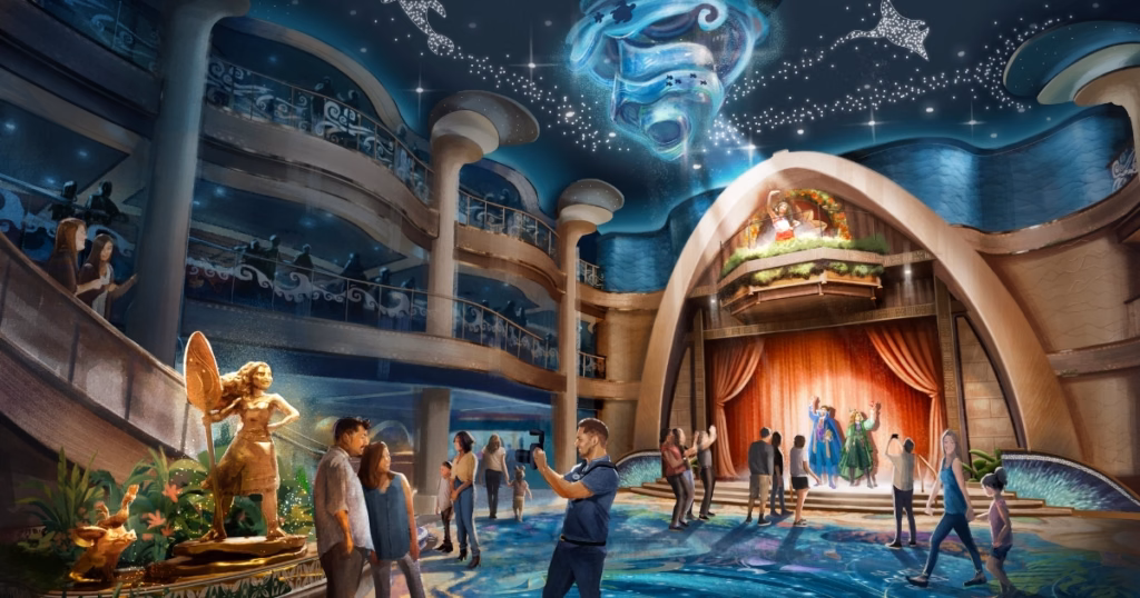 Grand Hall do Disney Believe com a estátua de Moana e decoração inspirada no mar