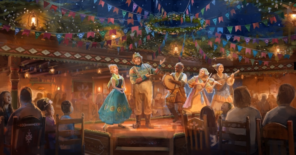 Oaken e Anna se apresentando no restaurante Oaken's Table, com tema de Frozen, no Disney Believe