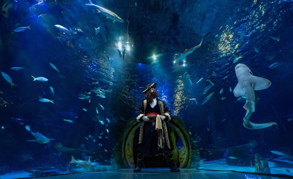 Pirata no túnel subaquático do SEA LIFE Orlando durante o Pirates of the Haunted Seas